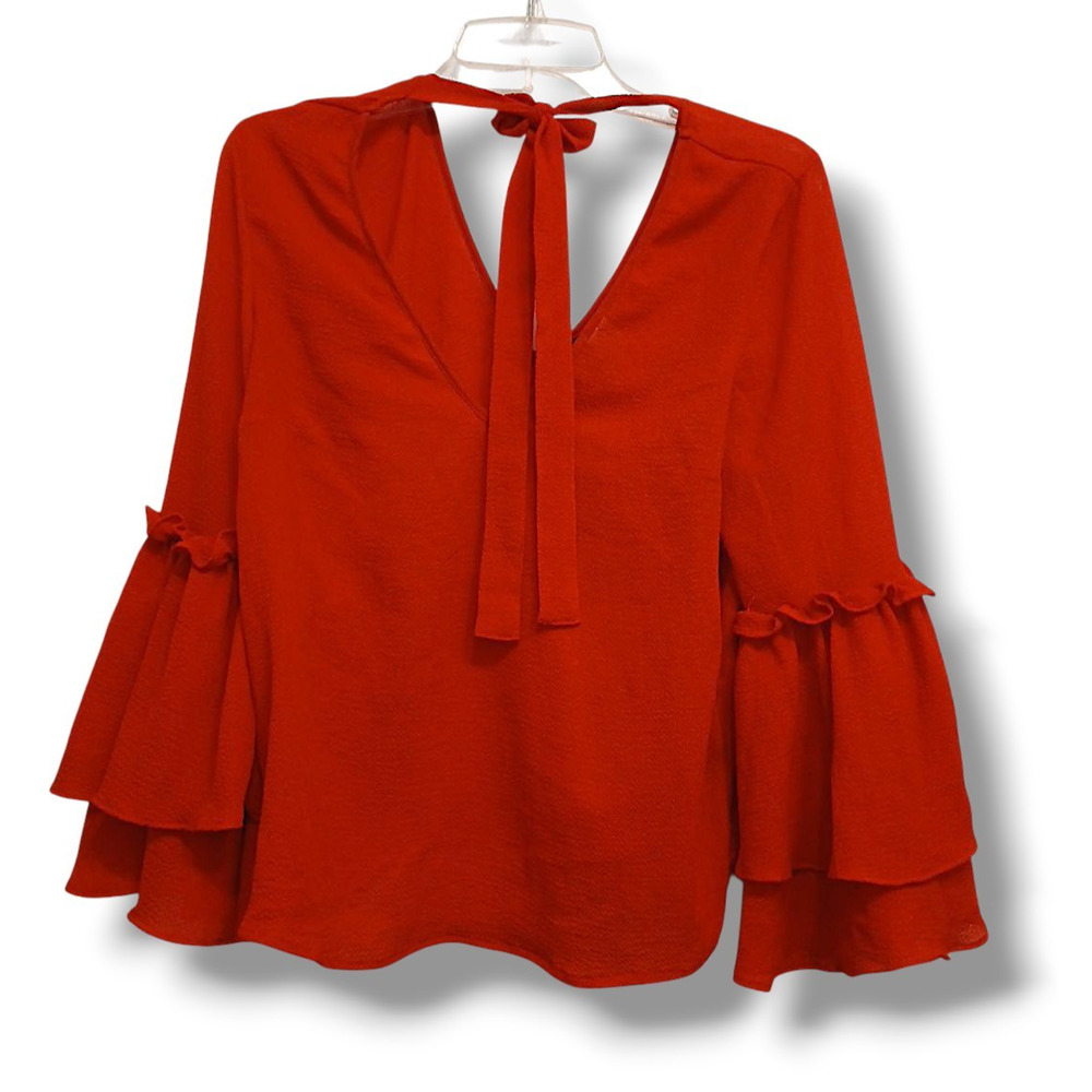 Divided‎ Boho Blouse Women's Sz 8 Red Layered Bell Sleeve V-back Tie Neck Disco